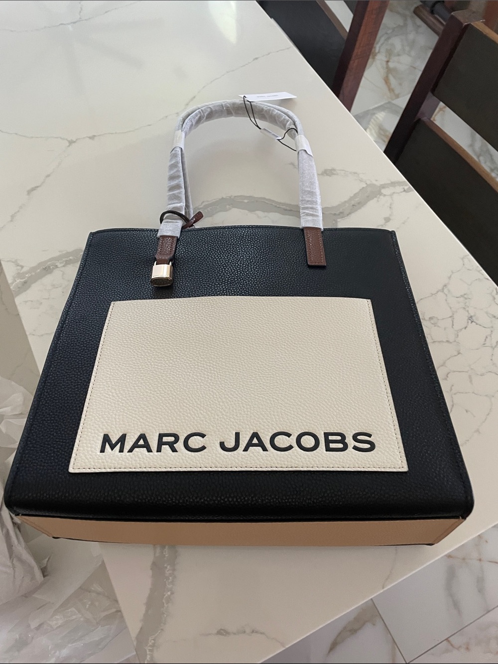 Marc Jacobs Black, Brown & Cream Colorblock Grind Leather Tote - Picture 7 of 10